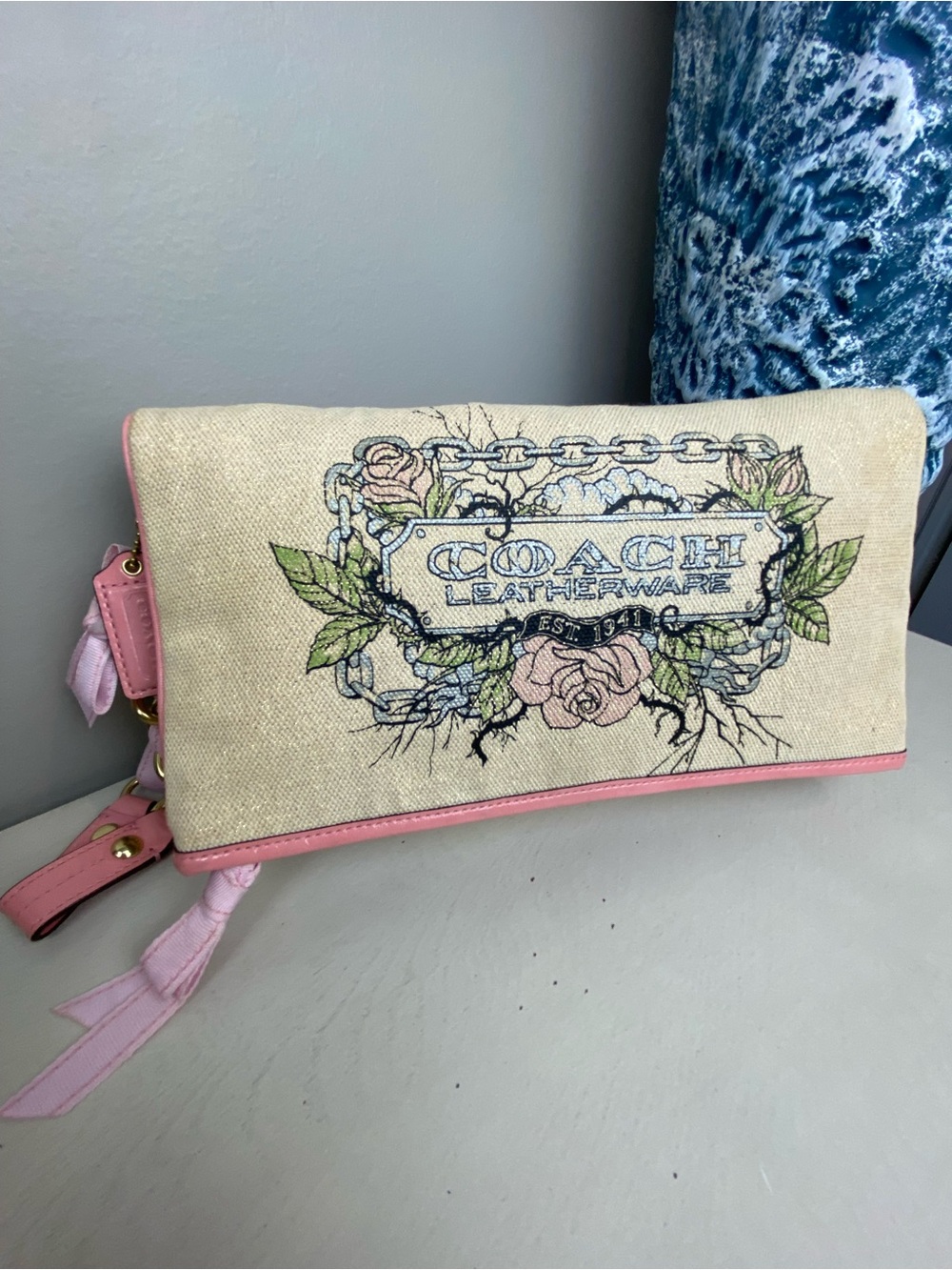 Coach Limited Edition Shimmer Tattoo Rose XL Foldover Clutch - Picture 4 of 16